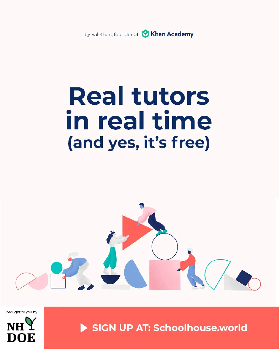 Colorful illustration of people with shapes and text: Real tutors in real time (and yes, it’s free).