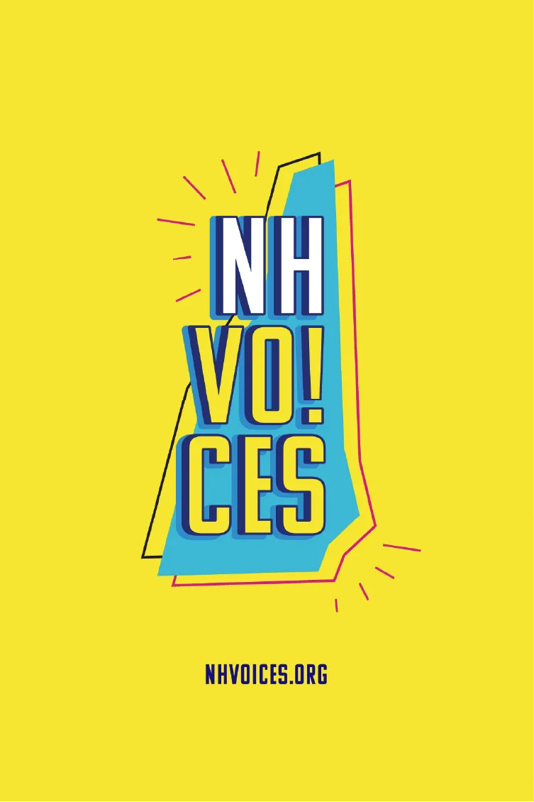 Text NH VO!CES on a stylized map outline with nhvoices.org below, all on a bright yellow background.
