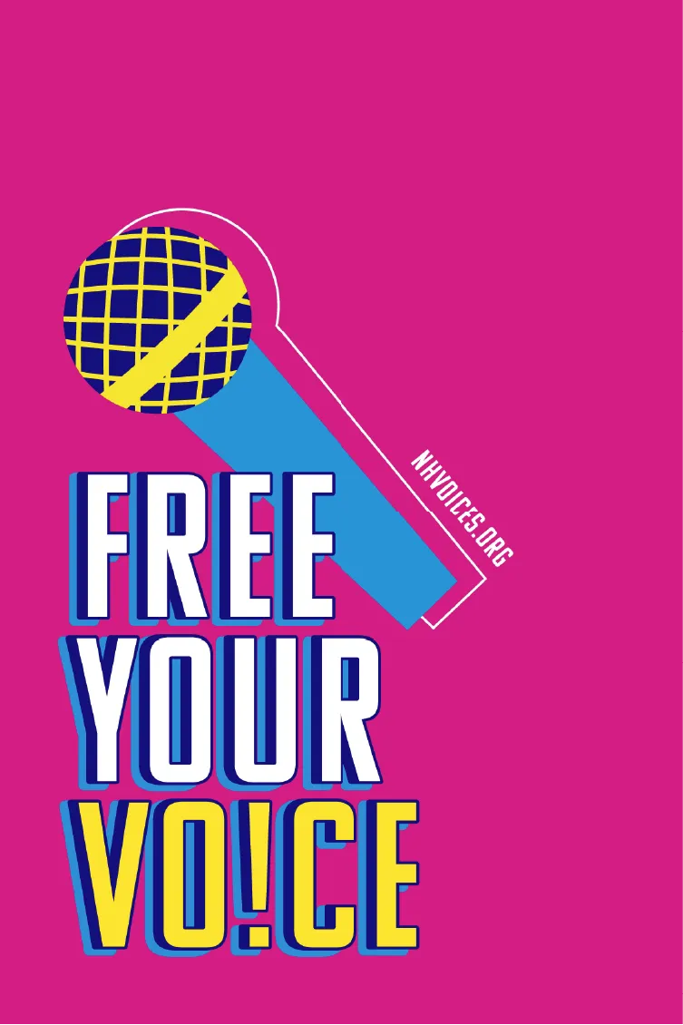 A blue and yellow microphone with text: FREE YOUR VOICE and NYVOICES.ORG on a bright pink background.