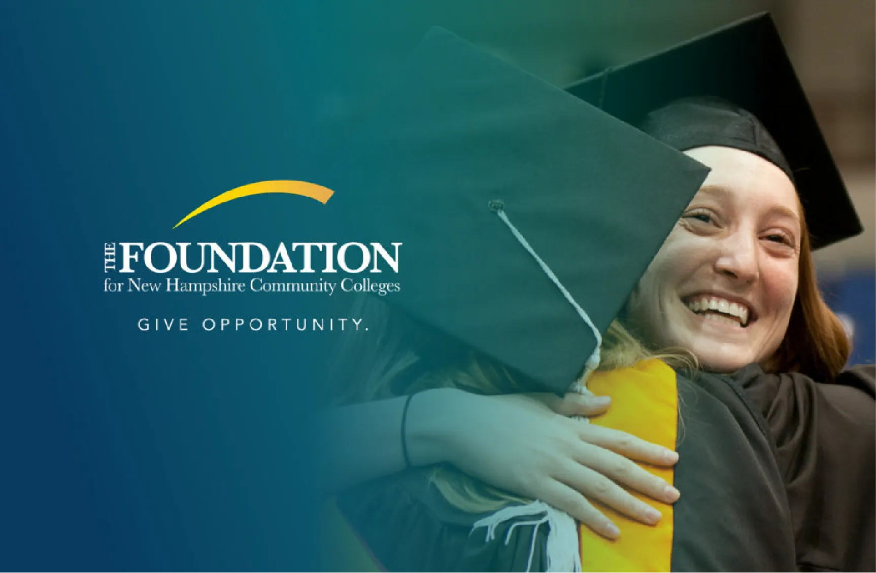 Two graduates in caps and gowns hugging and smiling, with The Foundation for NH Community Colleges logo beside them.