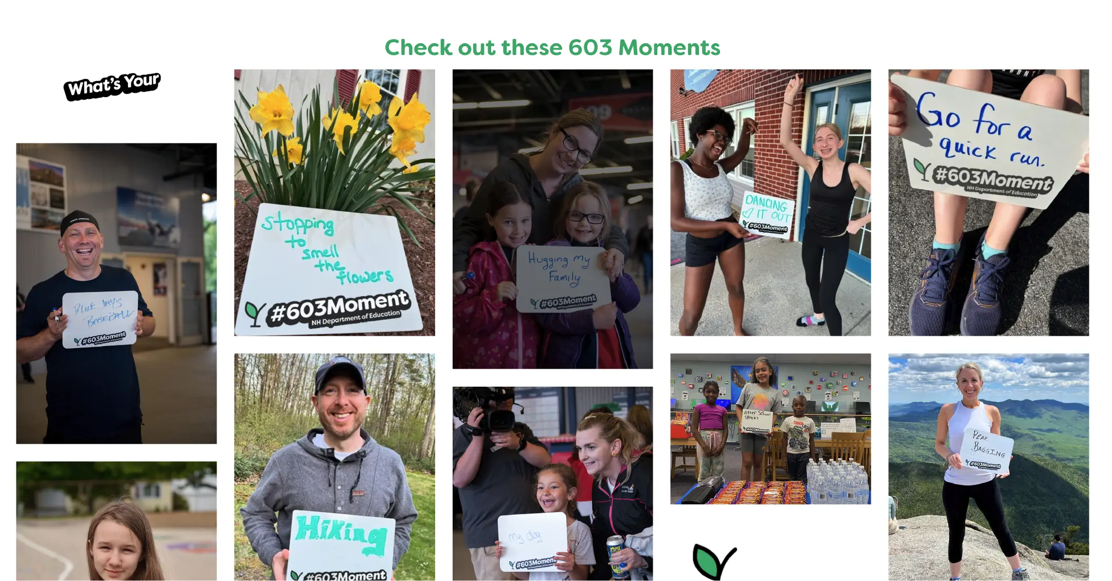 Collage of people holding signs sharing their favorite moments, including hiking, family, and stopping to smell flowers—celebrating community and connection in every snapshot.