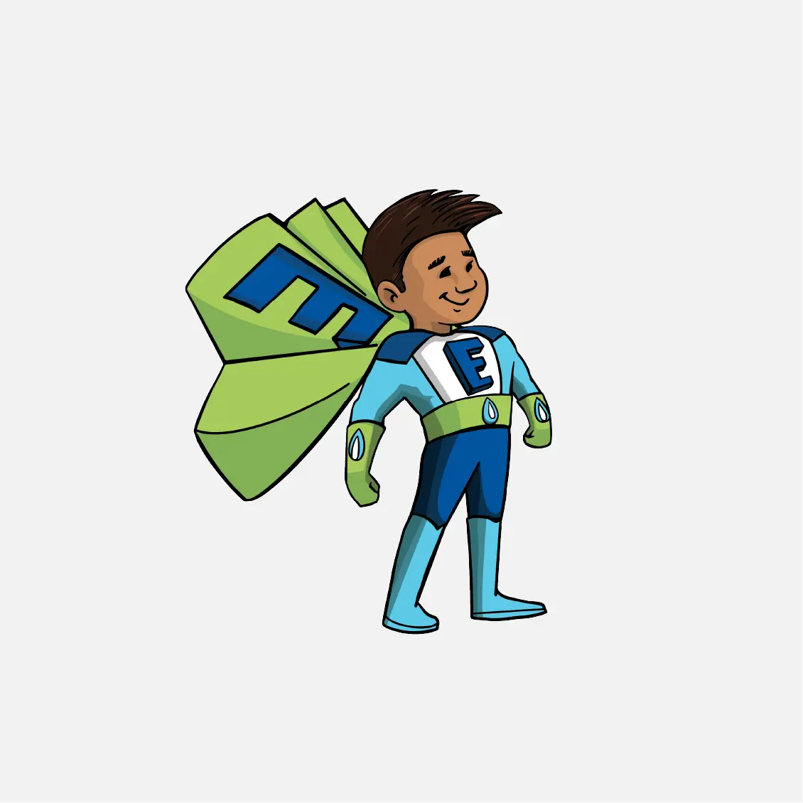 Cartoon superhero boy in blue and green suit with a large E on his chest and cape, standing proudly—ready to champion community spirit and creative marketing.