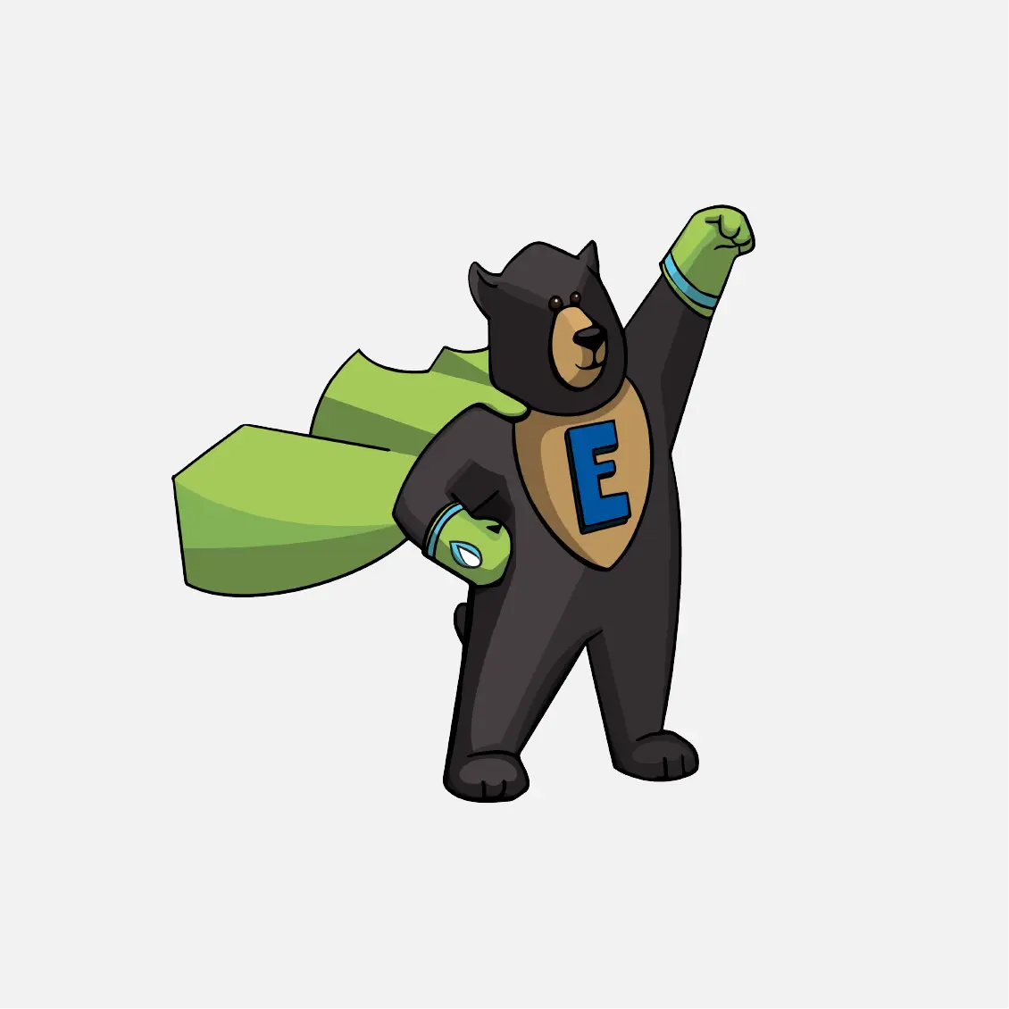 Cartoon bear superhero with a green cape and glove, chest E emblem, and raised fist represents the power of community marketing on a white background.