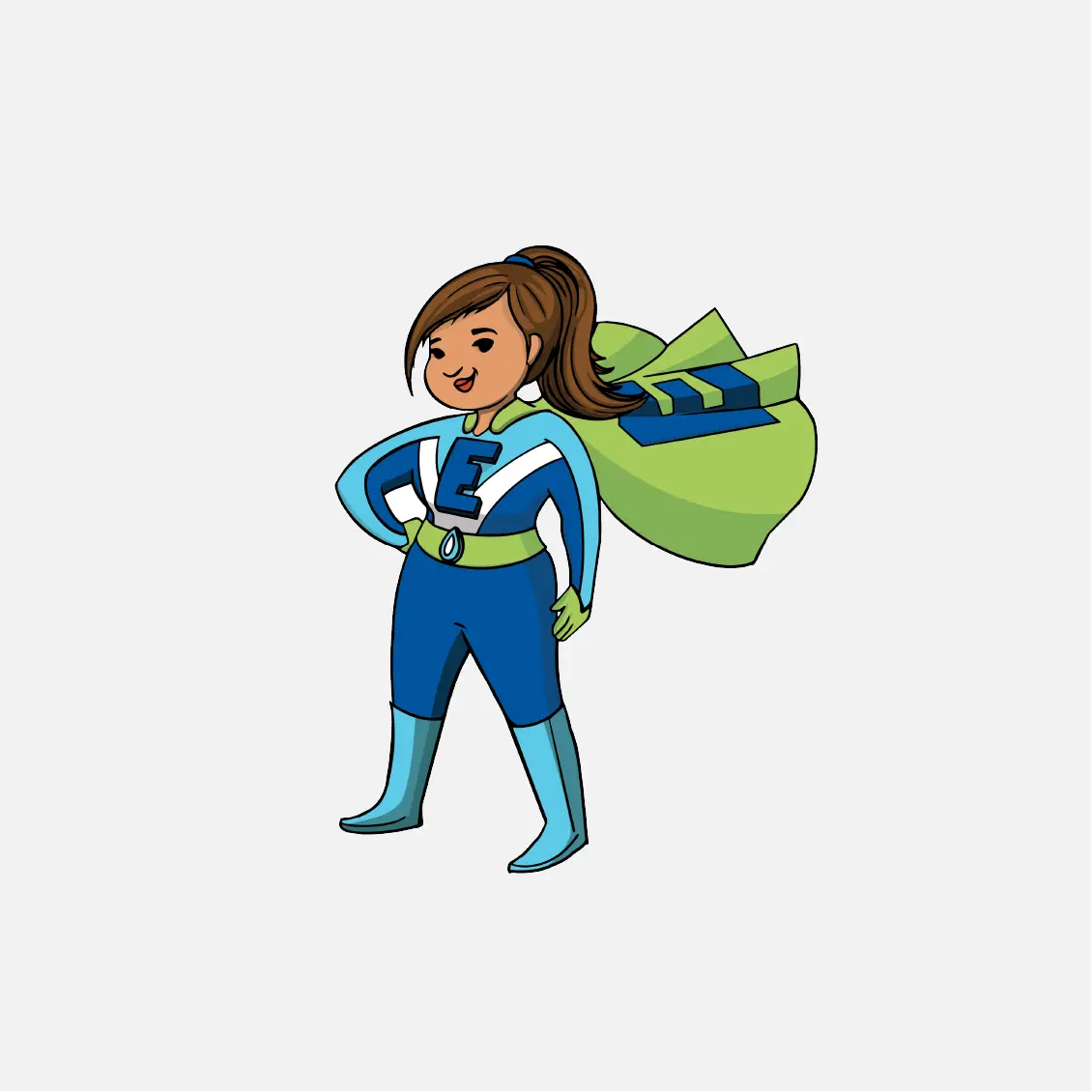 Cartoon superhero girl in blue with an E on her chest and cape, standing confidently, smiling—ready to lead her community and shine in marketing adventures.