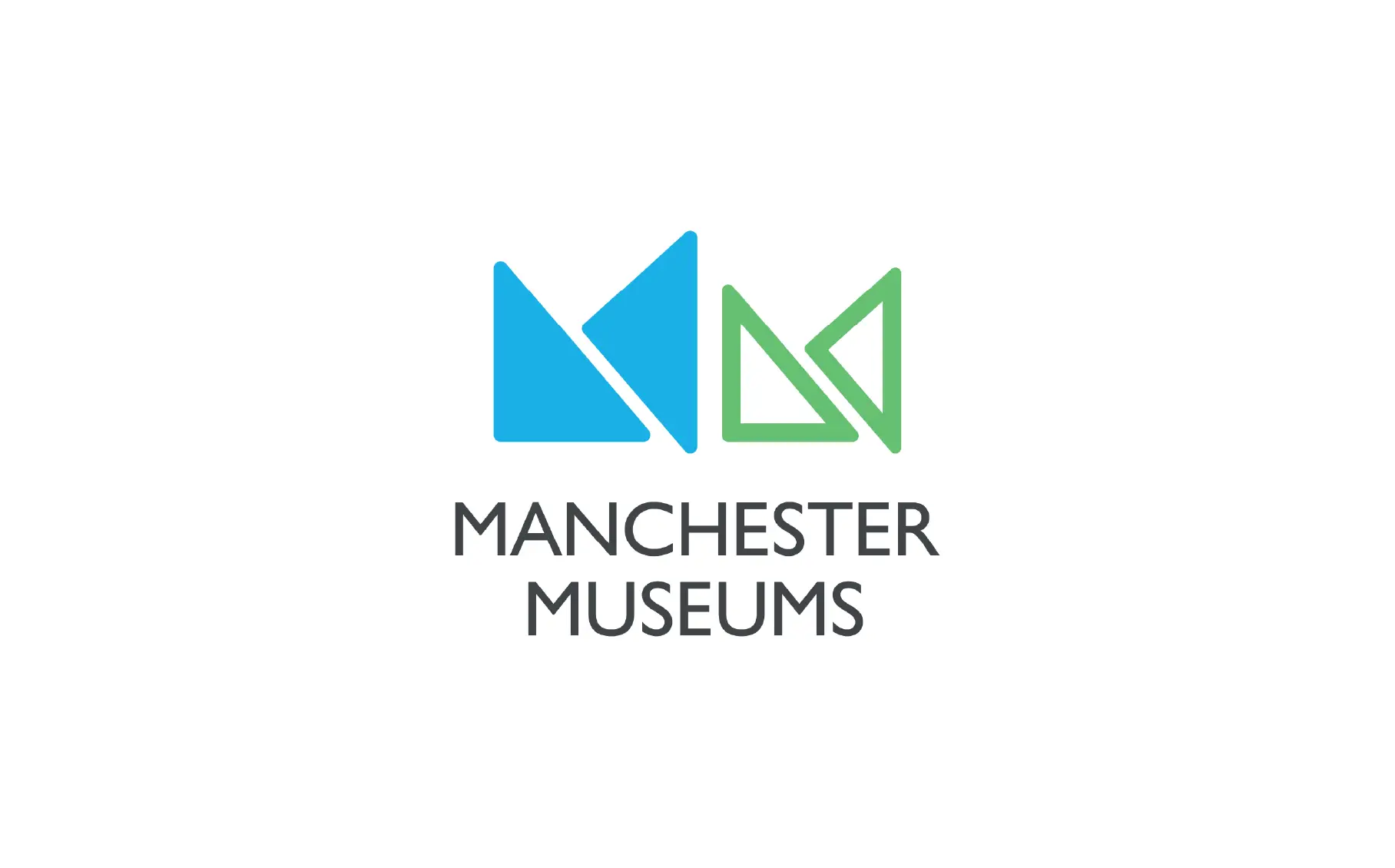 Logo with blue and green geometric shapes above the text Manchester Museums on a white background, reflecting a sense of community and modern appeal ideal for marketing.