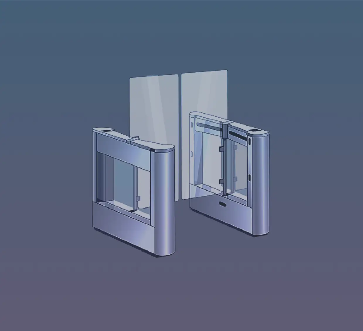 3D render of two transparent security turnstiles with glass barriers on a blue gradient background.