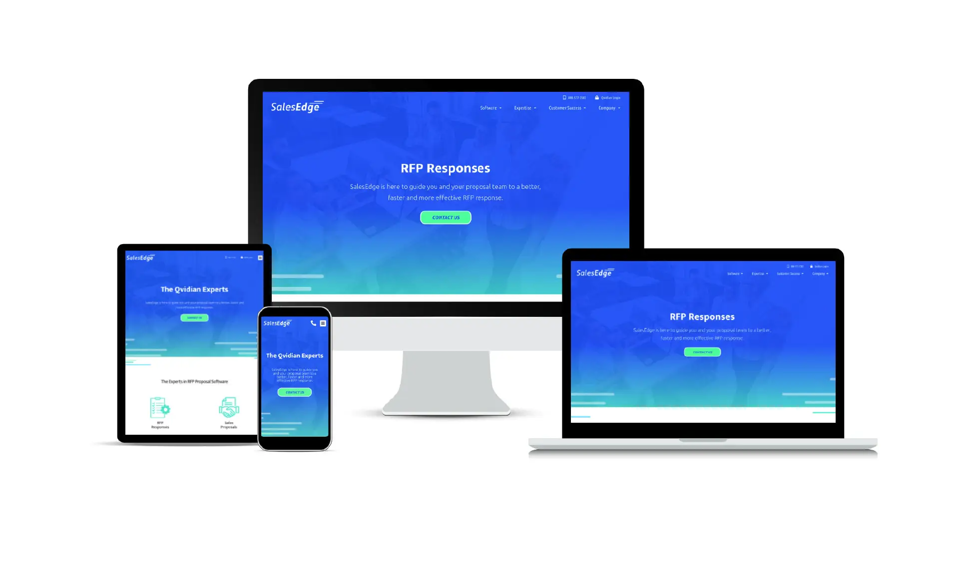 Four devices display the same website with a blue design, showcasing responsive web design on desktop and mobile.