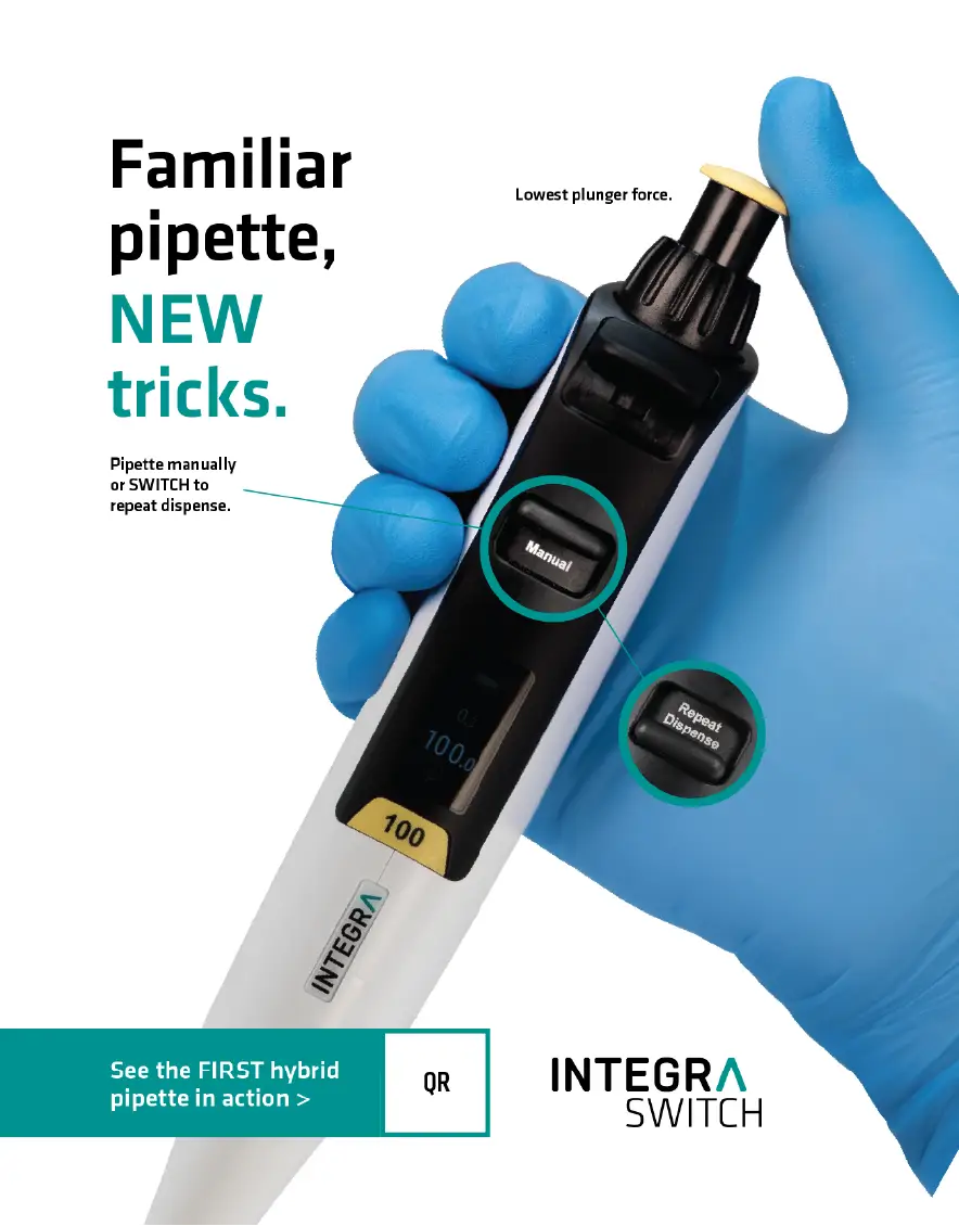Gloved hand holding a digital pipette, highlighting manual and repeat dispense settings, with bold text overlays.
