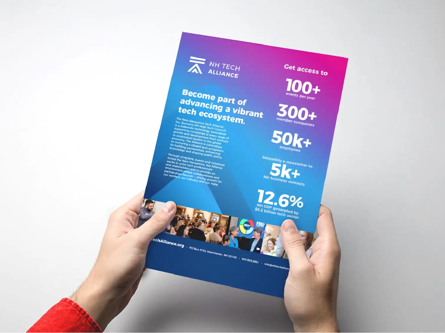 Person holding a NH Tech Alliance flyer highlighting membership benefits and statistics on a gradient background.