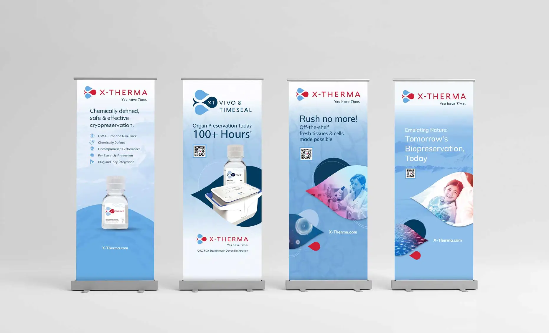 Four X-Therma promotional banners display products and information on organ and cell preservation solutions.