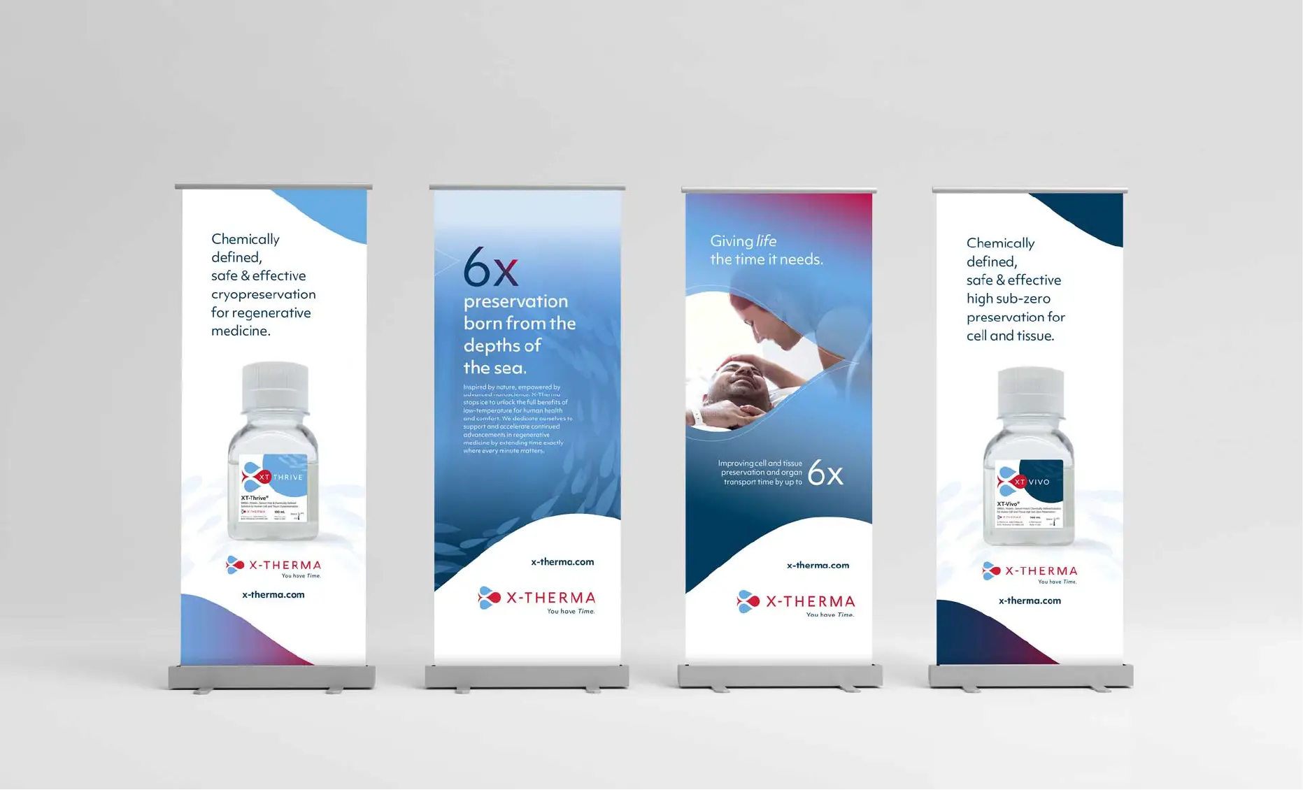 Four vertical banners display X-Therma’s cryopreservation products, benefits, and branding in blue and white.