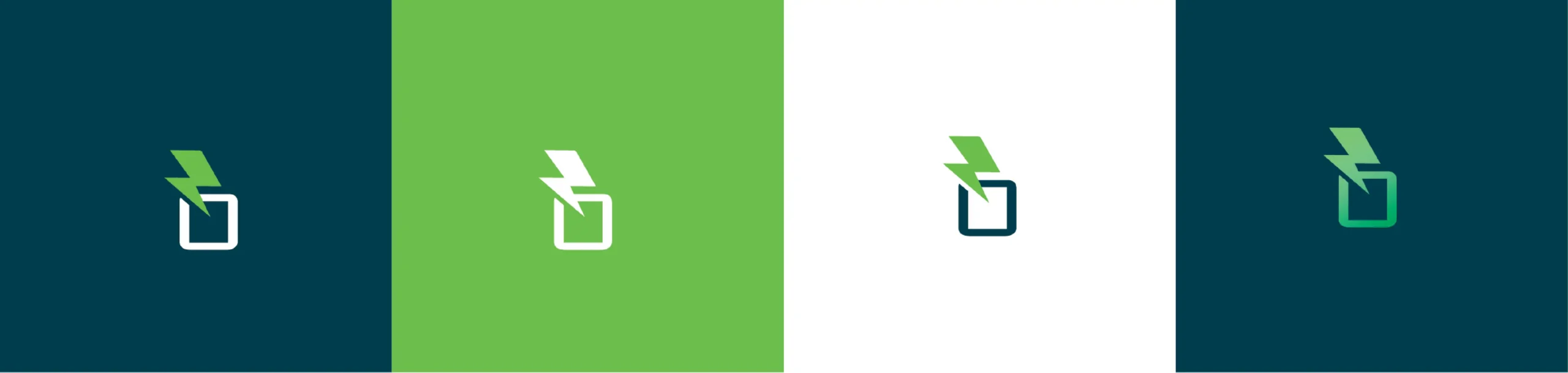 Four battery icons with lightning bolts, each on different colored backgrounds: blue, green, white, and teal.