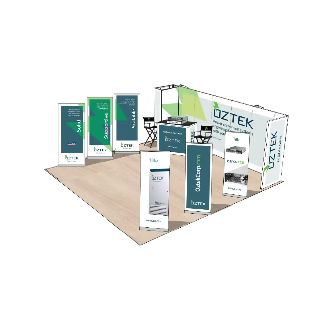 Exhibition booth with OZTEK branding, banners, chairs, and a counter on a wooden floor.