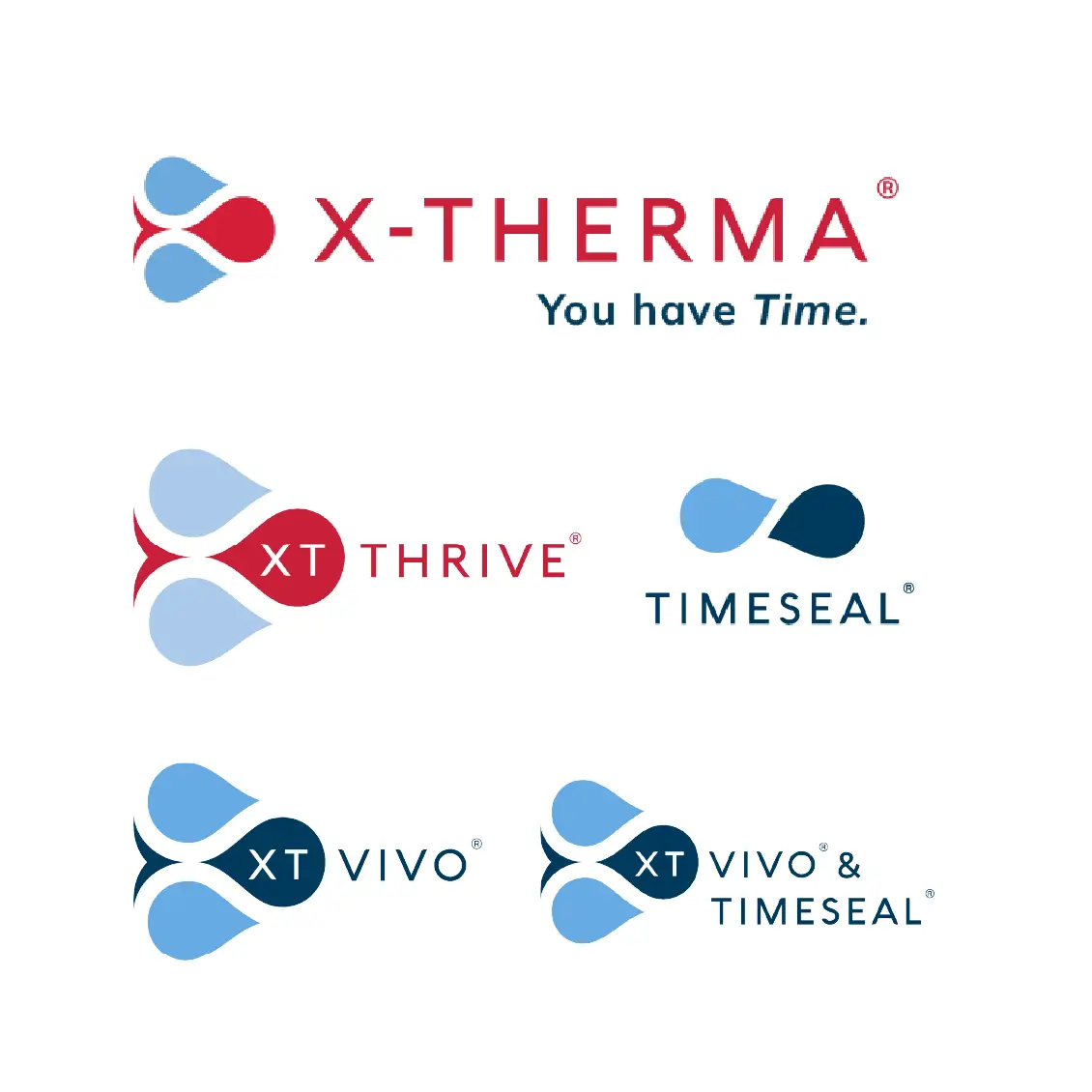 Logos for X-Therma, XT Thrive, TIMESEAL, XT Vivo, and XT Vivo & TIMESEAL with blue and red abstract icons.