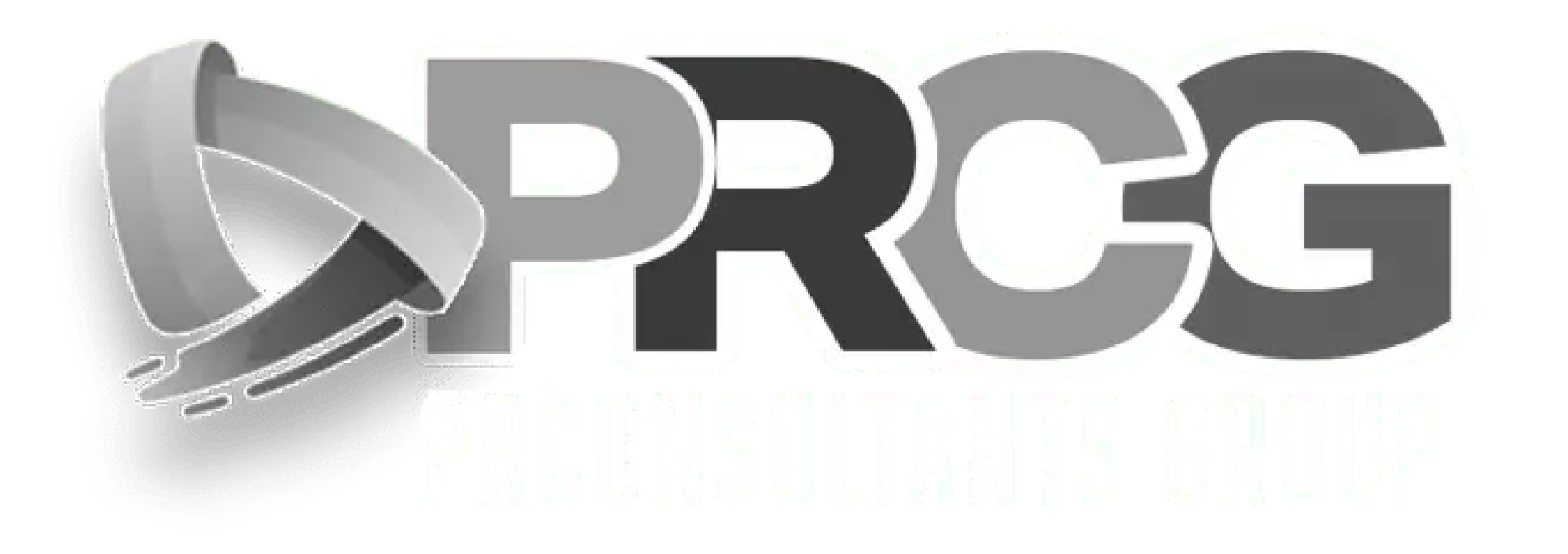 Logo with stylized silver and gray shapes next to the text PRCG PR CONSULTANTS GROUP in bold and light fonts.