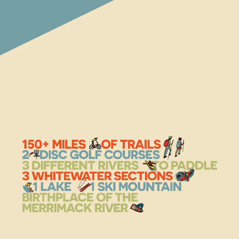 Explore the trails, disc golf, rivers, paddle adventures, whitewater thrills, lake escapes, ski mountain fun, and more—each activity is a key element in our community's brand strategy along the scenic Merrimack River.