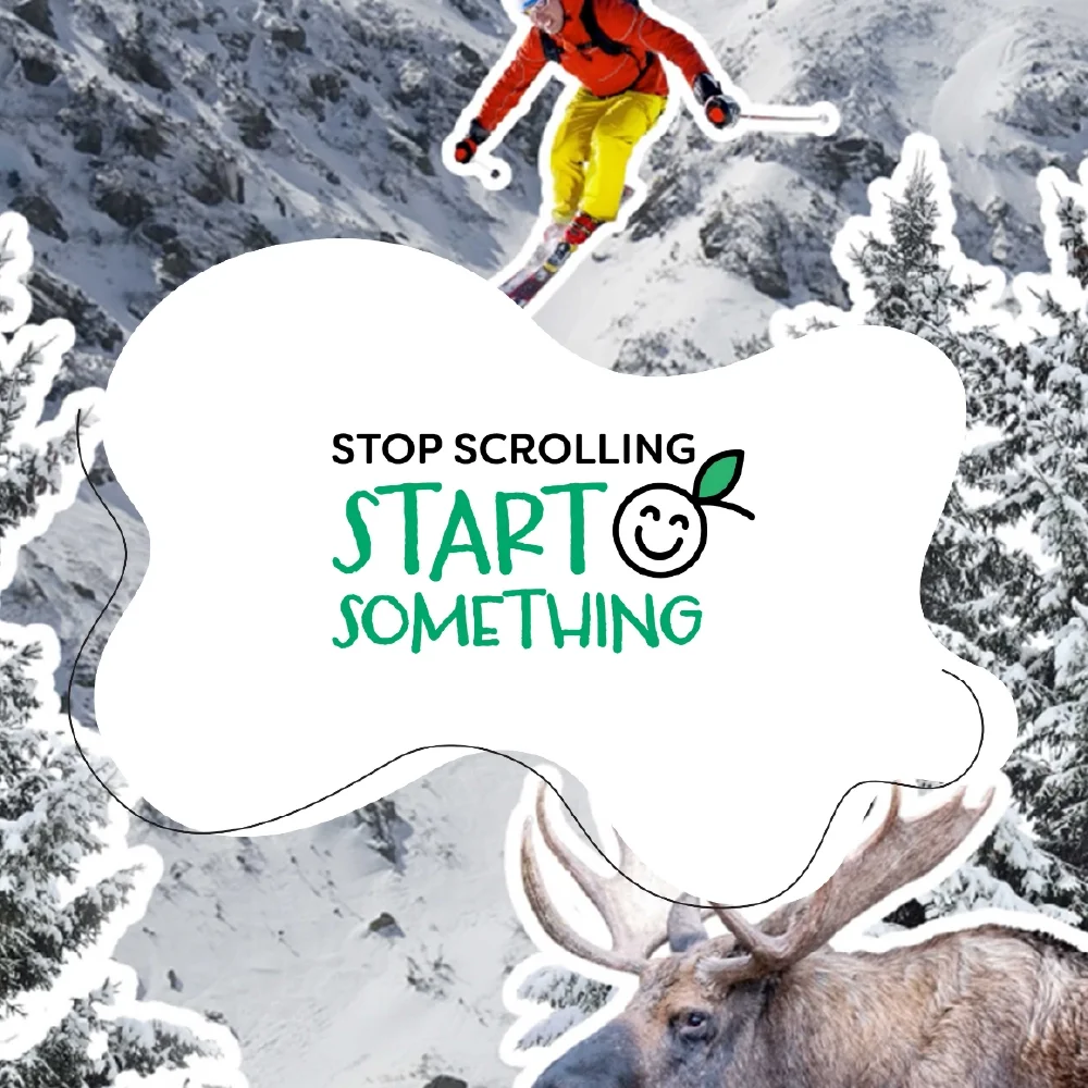 A skier jumps above snowy trees, a moose stands below, and text reads Stop scrolling, start something—ignite your brand strategy.