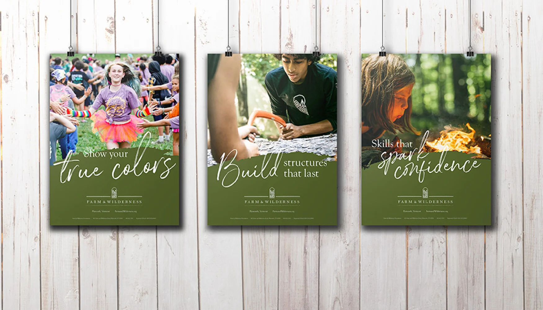 Three posters show kids at camp with captions: True colors, Build structures, and Spark confidence—each reflecting our thoughtful brand strategy.