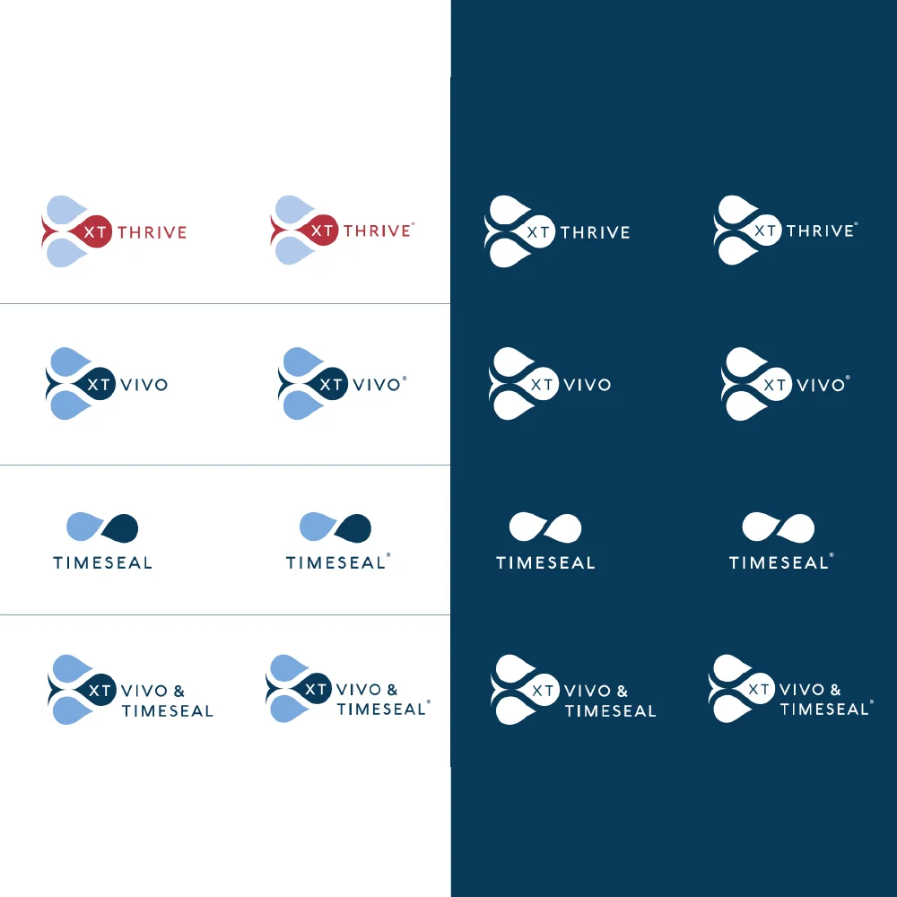 A grid of XT branded logos on white and dark blue backgrounds highlights a strong brand strategy, with each logo labeled THRIVE, VIVO, TIMESEAL, or VIVO & TIMESEAL.