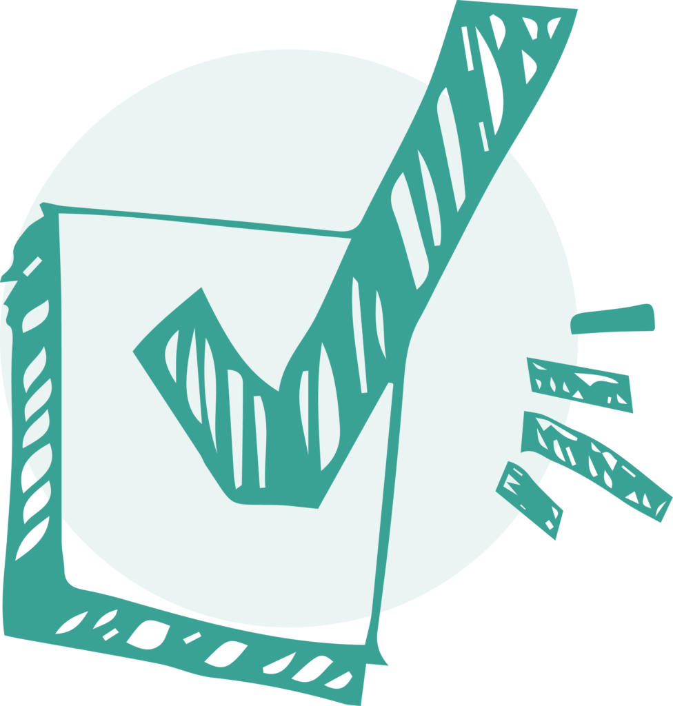Hand-drawn green check mark inside a square box with accent lines on a light background.