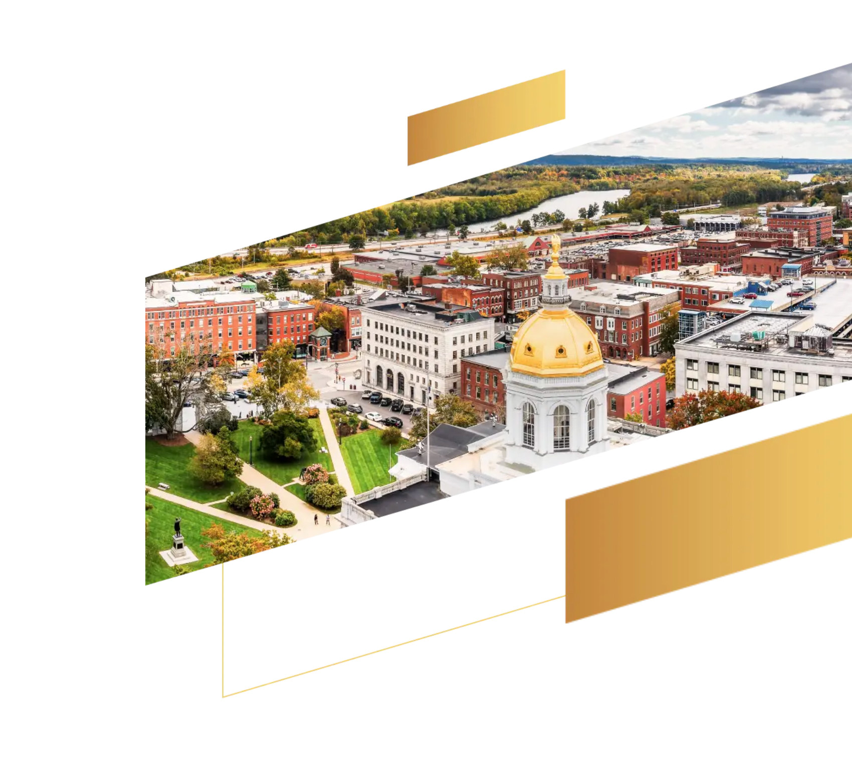 Aerial view of a city with a gold-domed building, surrounded by trees and colorful autumn foliage—an inspiring hub for tech and finance innovation.