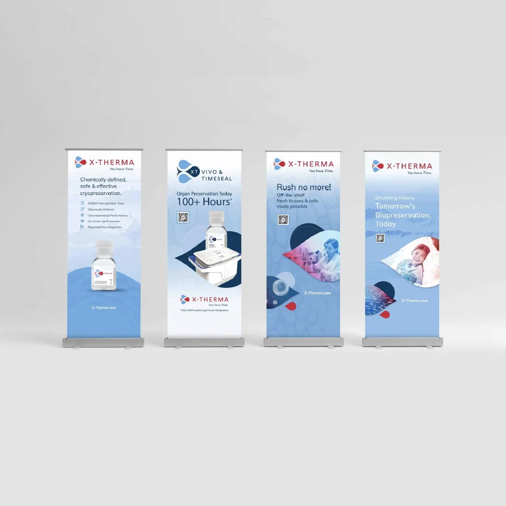 Four creative X-Therma promotional banners featuring products and messages about organ preservation and biopreservation.