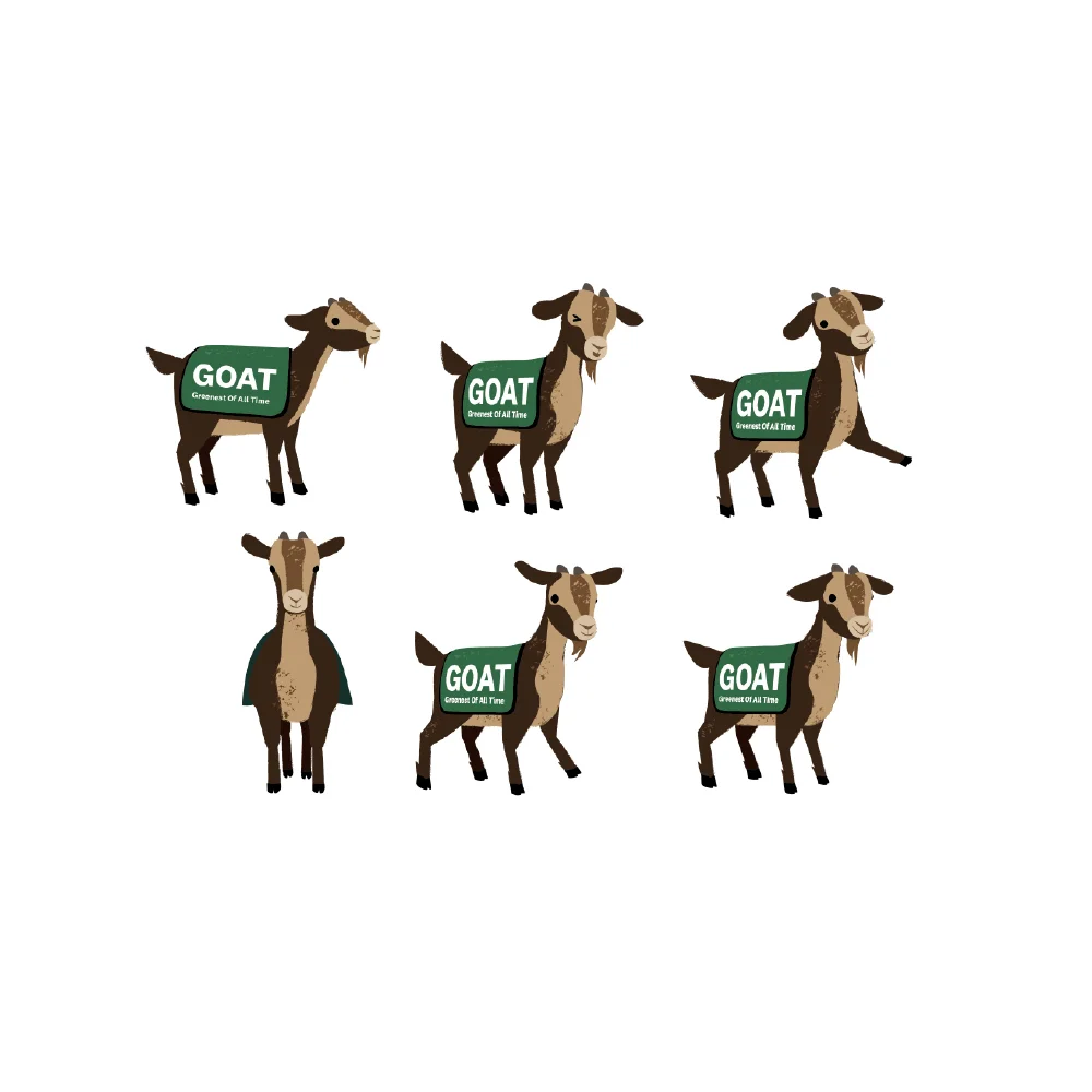 Six creative cartoon goats wearing green GOAT: Greatest of All Time capes, each in a different playful pose.