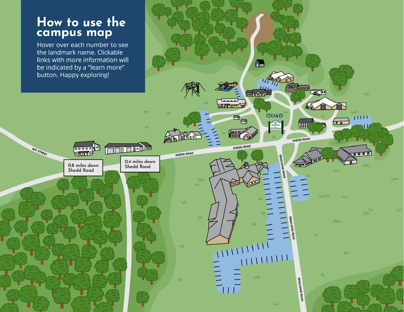 Creative illustrated campus map with labeled buildings, roads, parking areas, quad, trees, and a playground.
