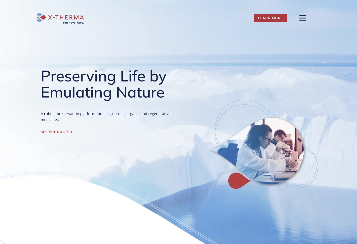 Creative website homepage featuring an icy landscape background and scientists working in a lab, with text that reads Preserving Life by Emulating Nature.