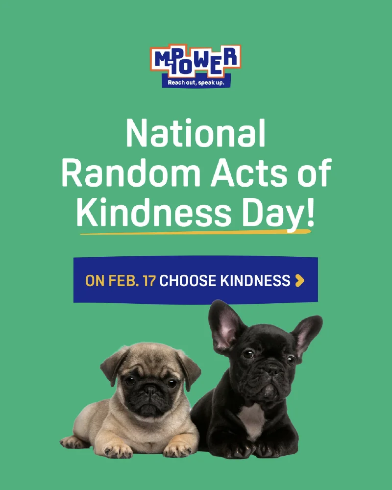 Two creative puppies sit below text: National Random Acts of Kindness Day! On Feb. 17 Choose Kindness.