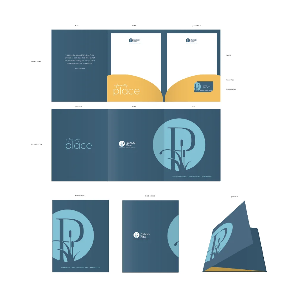 Creative blue and yellow folder design featuring A Healing Place and a stylized P logo for Pulaski Memorial Hospital.