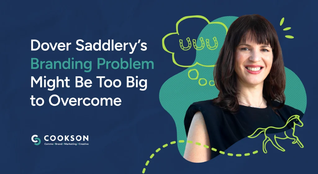 Smiling woman with doodles and text: Dover Saddlery’s Branding Problem Might Be Too Big to Overcome.