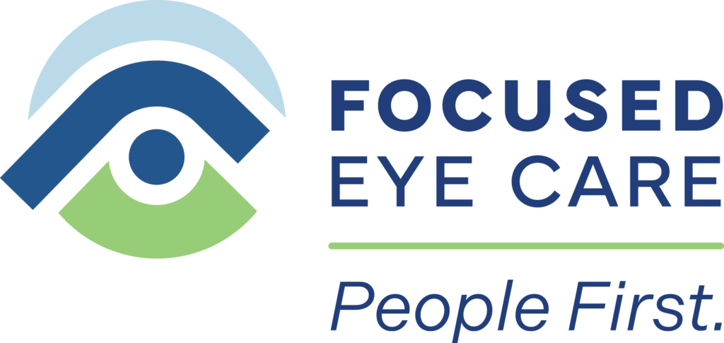 Logo with abstract eye design, FOCUSED EYE CARE, and slogan People First in blue and green—perfect for brands merging vision health with growth marketing strategies.