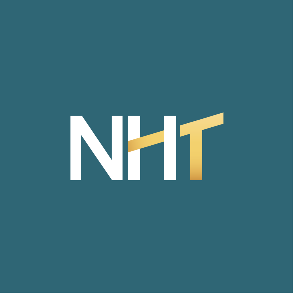 White letters NHT on teal background; gold gradient accents the diagonal crossbar of the T.