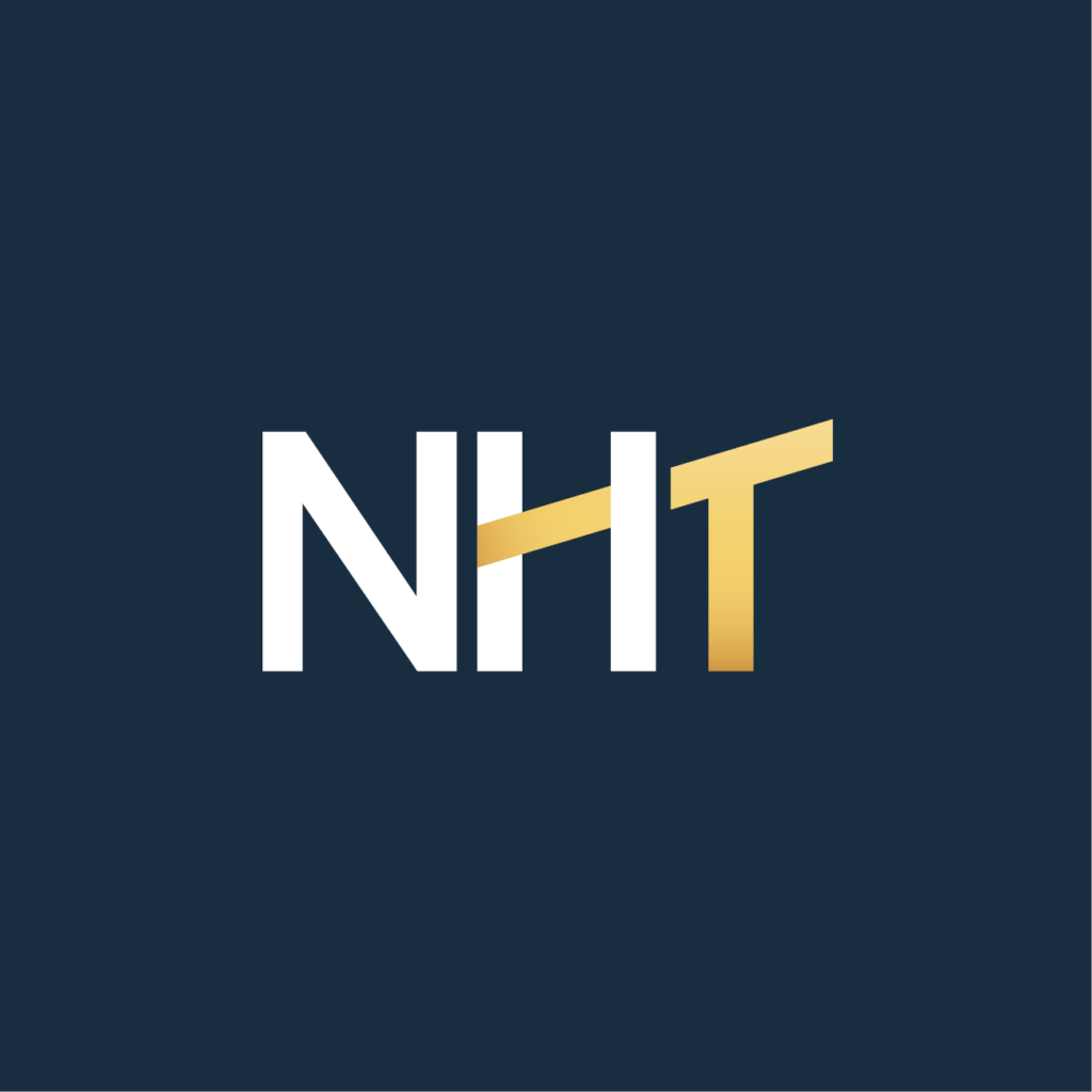 NHT logo with white letters and a gold diagonal line forming part of the H and T on a dark blue background.