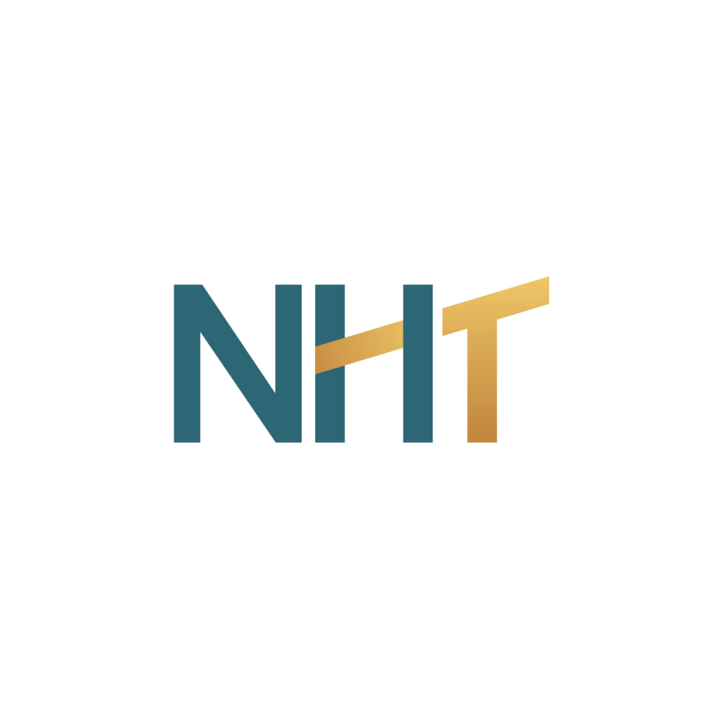 The letters NHT in blue and gold, with a slanted gold line connecting the H and T, on a white background.
