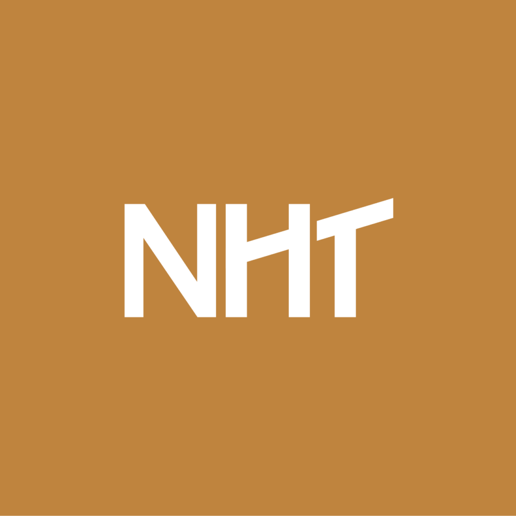 White letters NHT on a solid brown background.