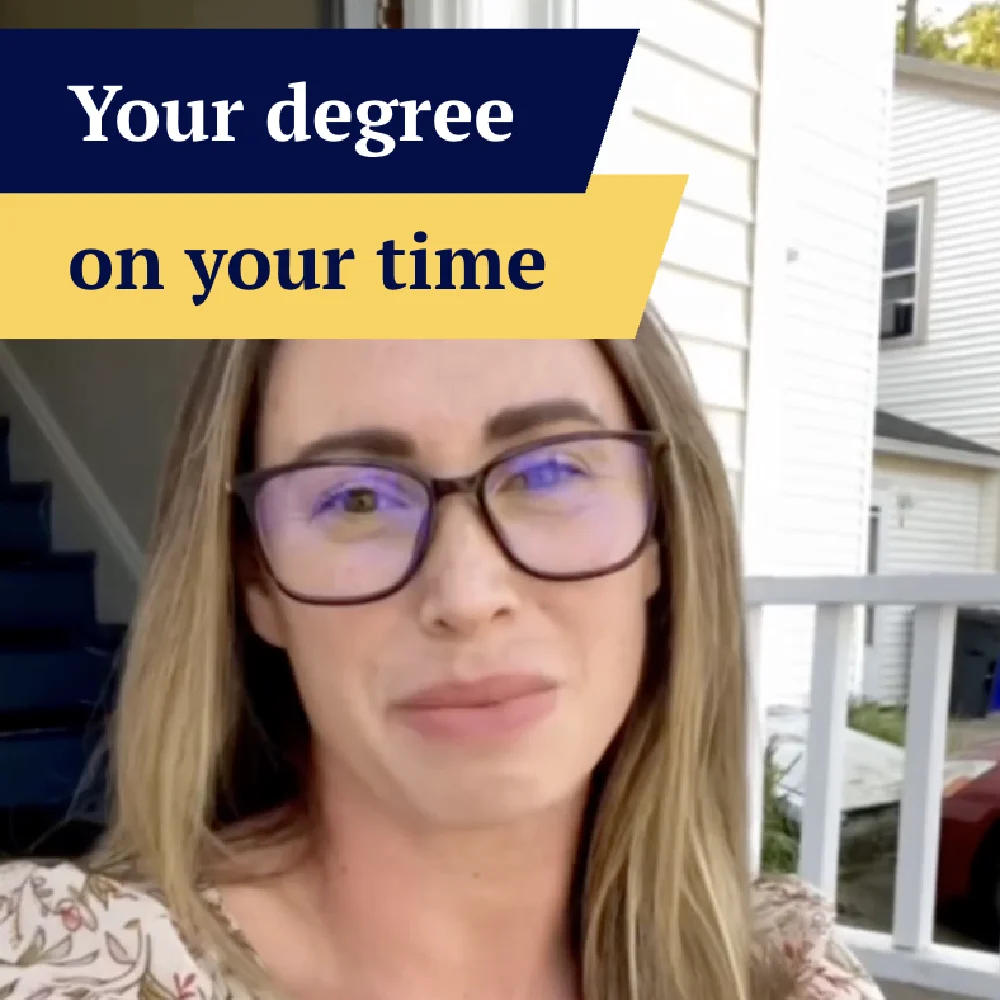 Woman with glasses smiling outside, text reads: Your degree on your time—empower your future with growth marketing.