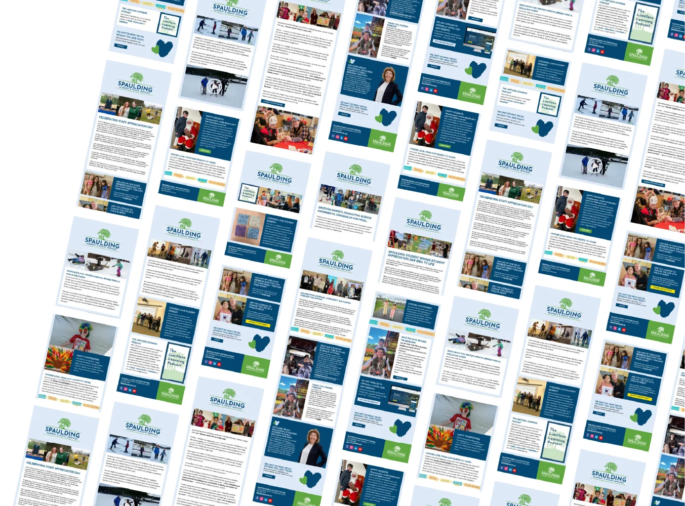 A collage of colorful newsletter pages, displayed diagonally in a grid pattern, highlights creative growth marketing strategies.
