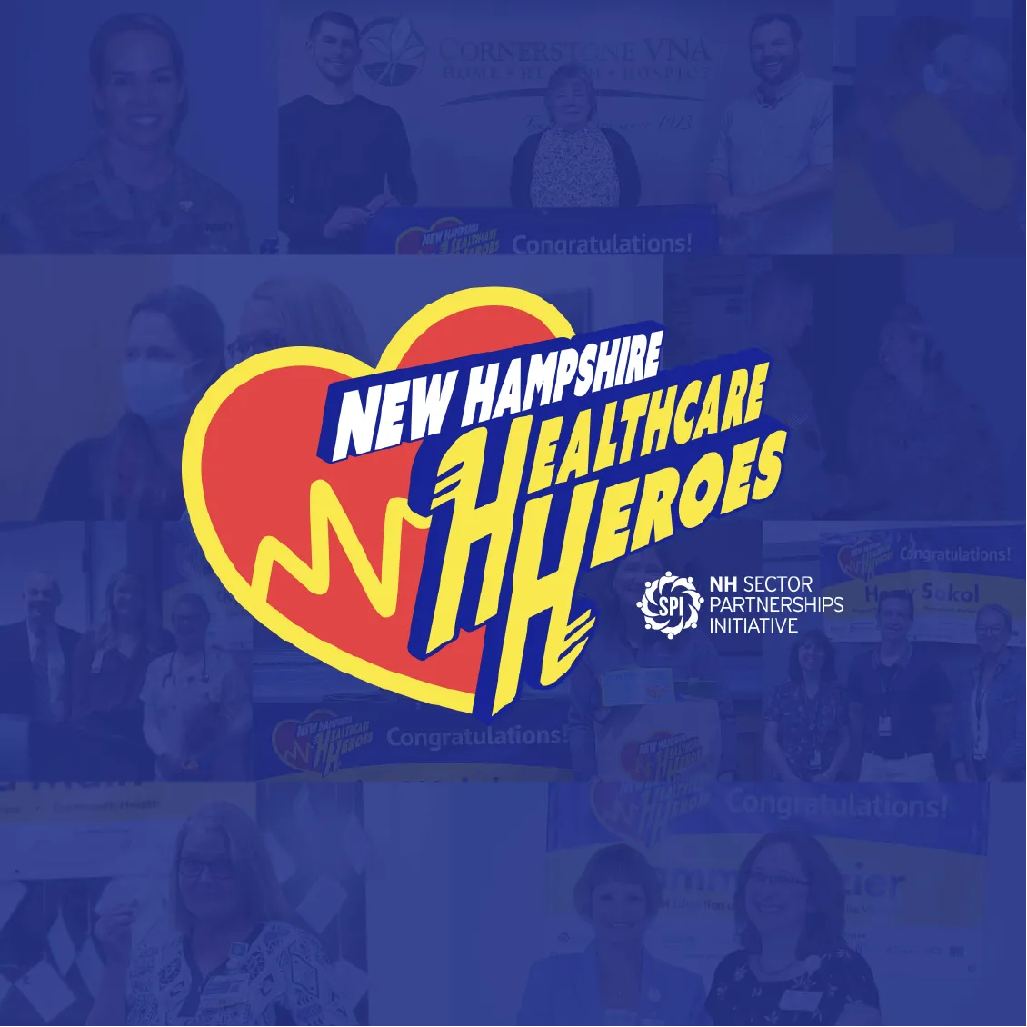 Logo says New Hampshire Healthcare Heroes on a heart background with NH Sector Partnerships Initiative below.