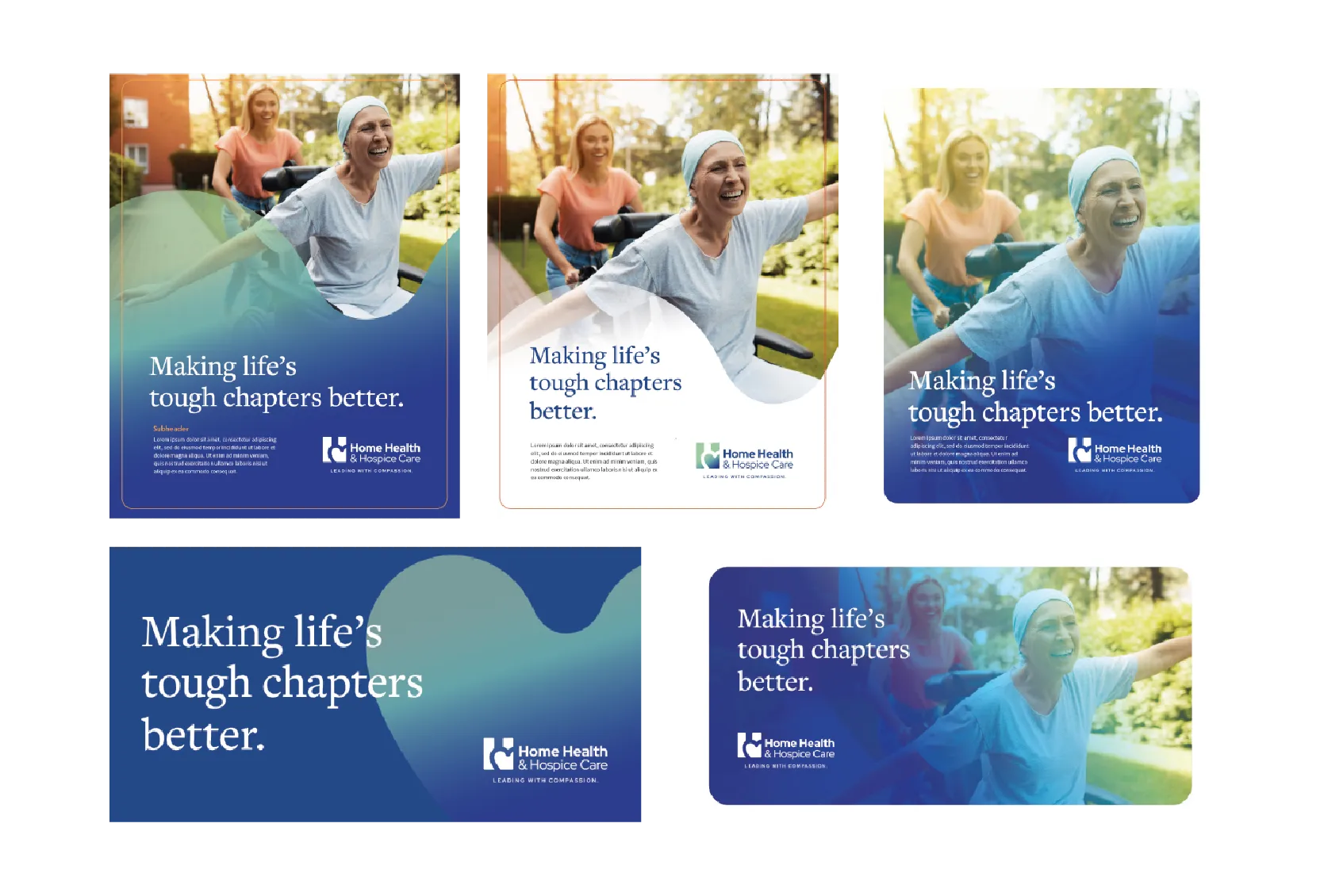 Five healthcare ads show happy women outdoors with the text, Making life’s tough chapters better.