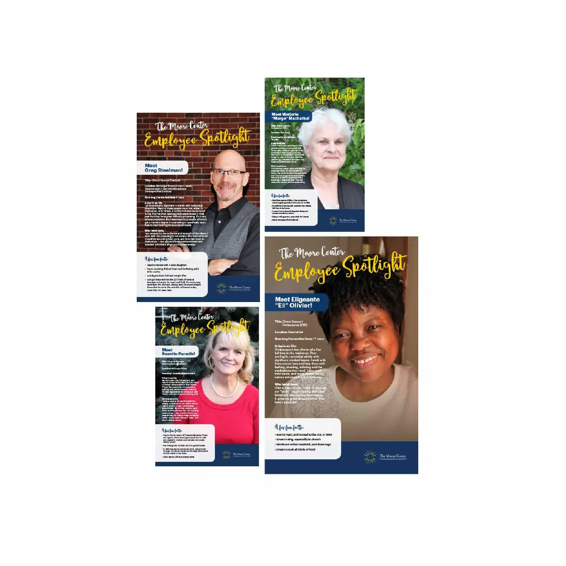 Four Employee Spotlight posters featuring individual staff members with their photos and short biographies.