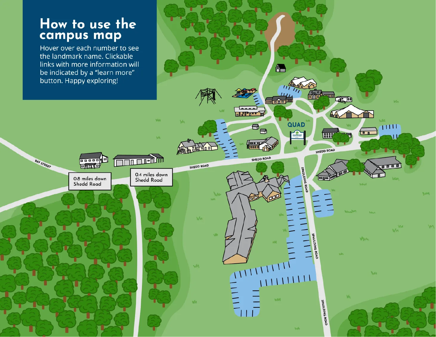 Illustrated campus map showing buildings, parking areas, roads, trees, and a central quad area.