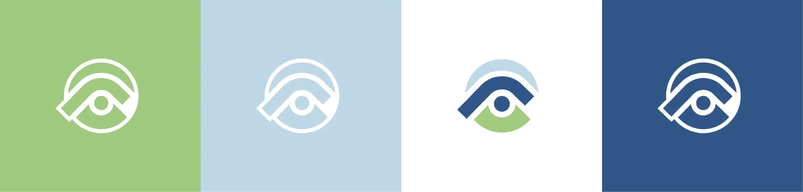 A circular abstract logo on four backgrounds: green, light blue, white, and dark blue.