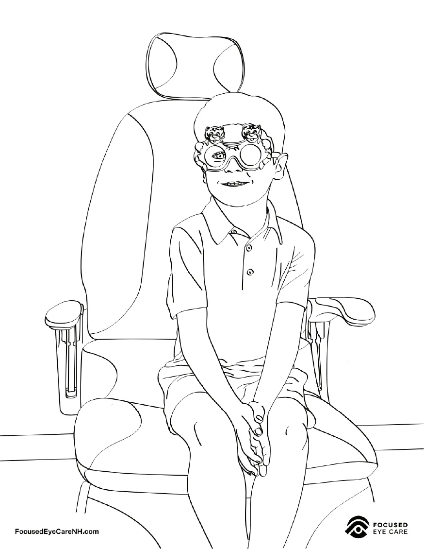 A young boy sits in an eye exam chair wearing phoropter glasses, smiling.