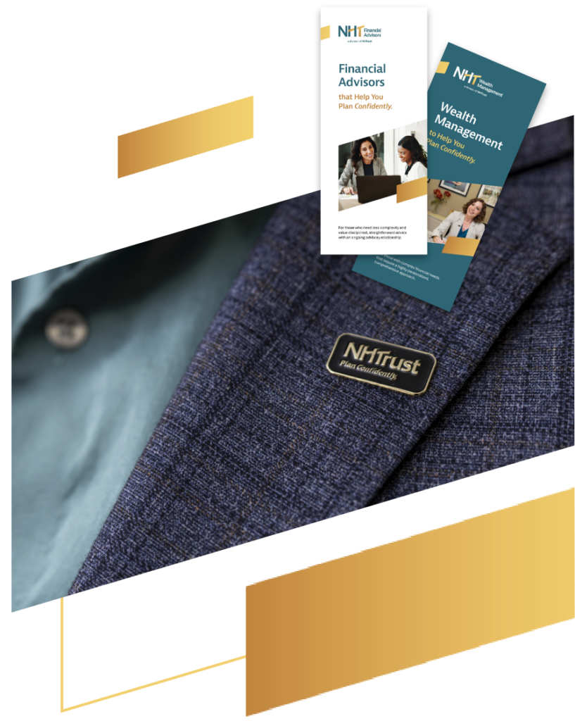 Close-up of a suit with an NHTrust pin and two NHTrust brochures, one for financial advisors, one for wealth management.