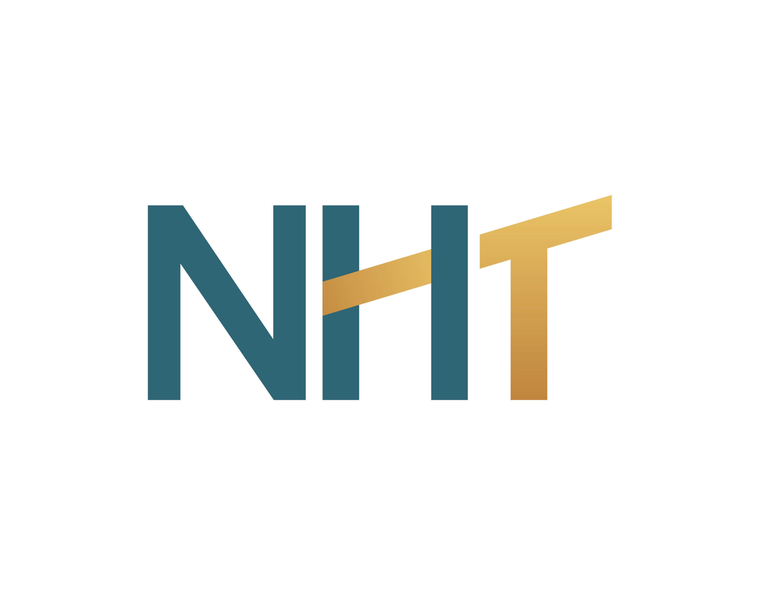 The letters NHT in blue, with a gold diagonal bar crossing the H and forming the top of the T, evoke a sleek look ideal for tech or finance branding.