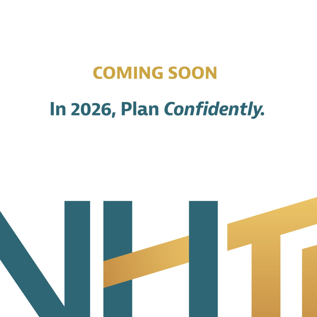 Text reads: COMING SOON. In 2026, Plan Confidently. with a gold and blue geometric design below.