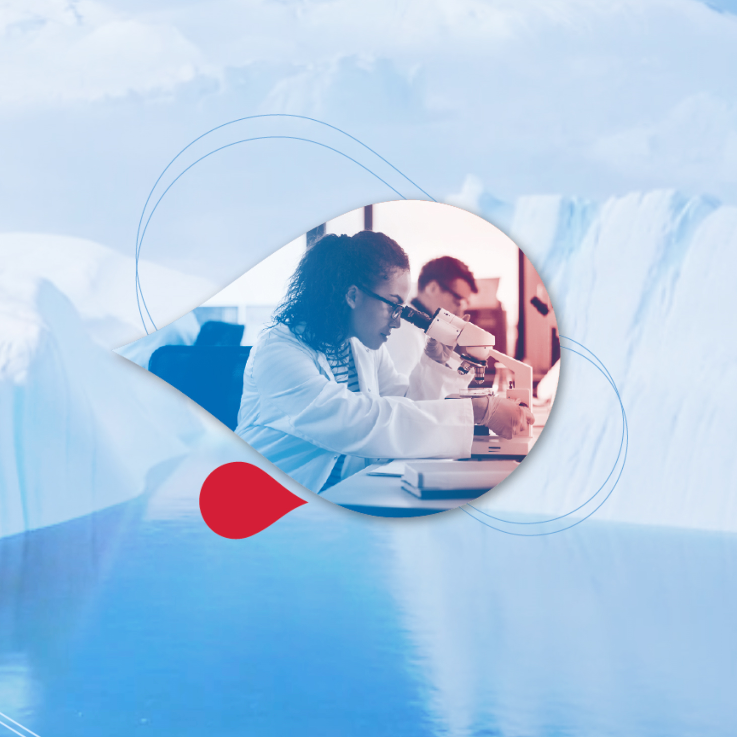 Two scientists in lab coats examine samples with a microscope, overlaid on an icy landscape background, highlighting the intersection of tech and scientific discovery.