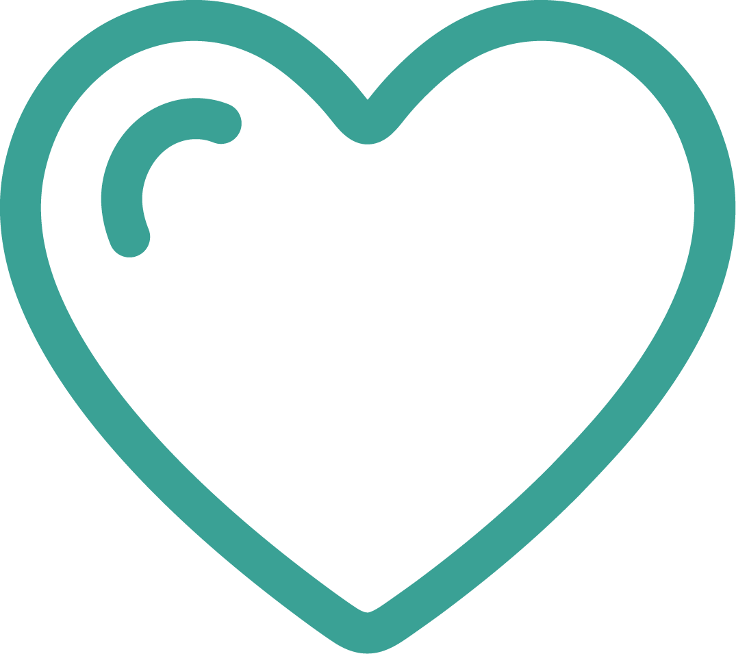 Teal outline of a heart with a small curved line inside the upper left side, symbolizing community, on a light gray background.